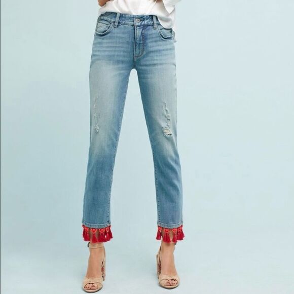 PILCRO & LETTERPRESS Mid-rise Slime Boyfriend Jeans with Red Tassel Hem - Picture 1 of 9